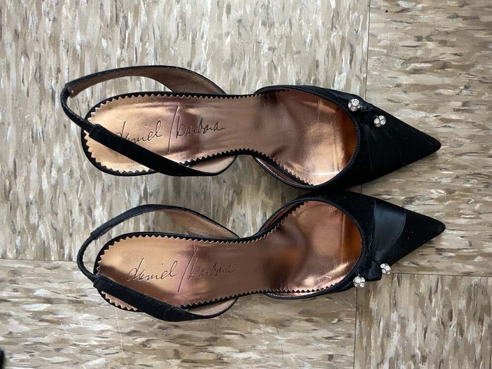 Daniel Barbara Black Satin Slingback Heels with Crystal Bow Accent Size 7